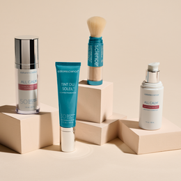 Sensitivity Relief + Protection: All Calm Clinical Redness Corrector, All Calm Multi-Correction Serum, Brush-On Shield SPF 50, Tint du Soleil Whipped Mineral Foundation SPF 30
